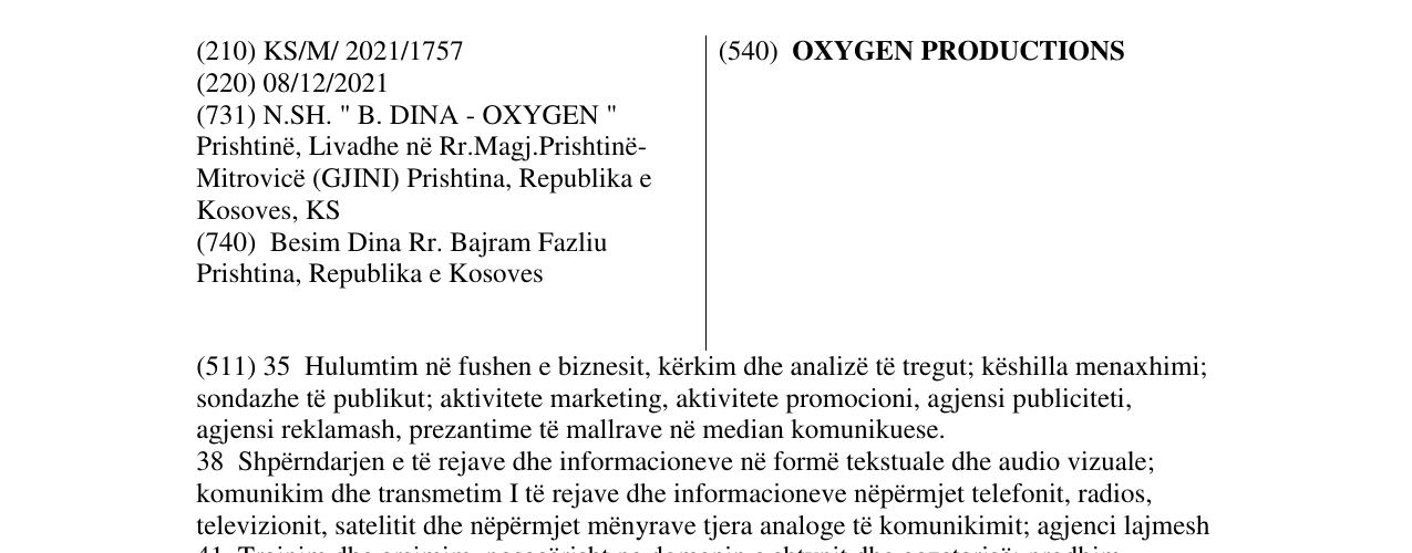 Zëri i markës OXYGEN PRODUCTIONS në buletin