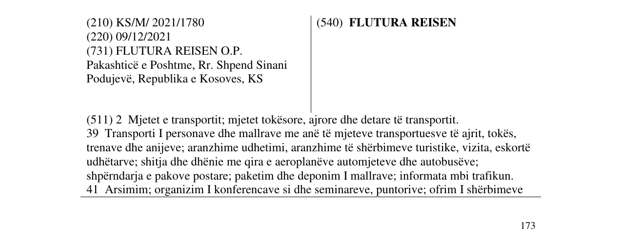 Zëri i markës FLUTURA REISEN në buletin