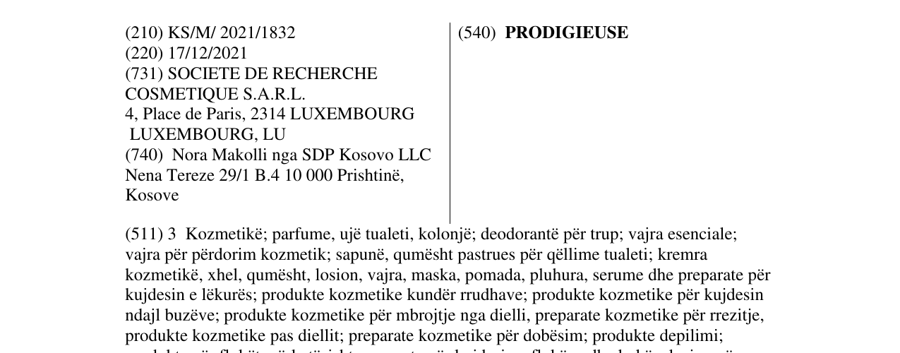 Zëri i markës PRODIGIEUSE në buletin