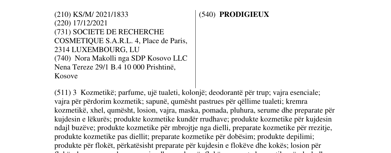 Zëri i markës PRODIGIEUX në buletin