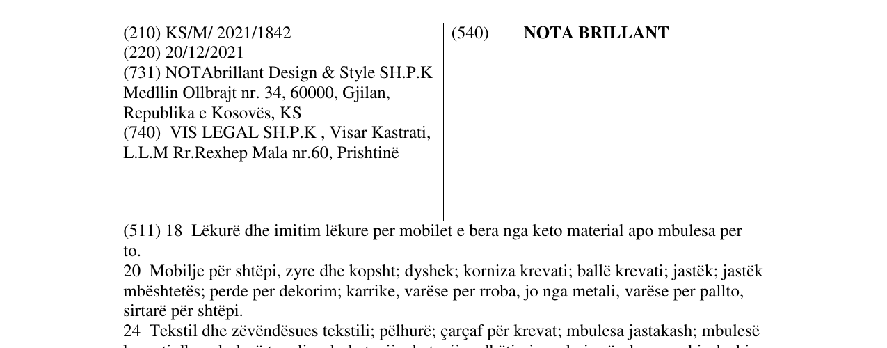 Zëri i markës NOTA BRILLANT në buletin