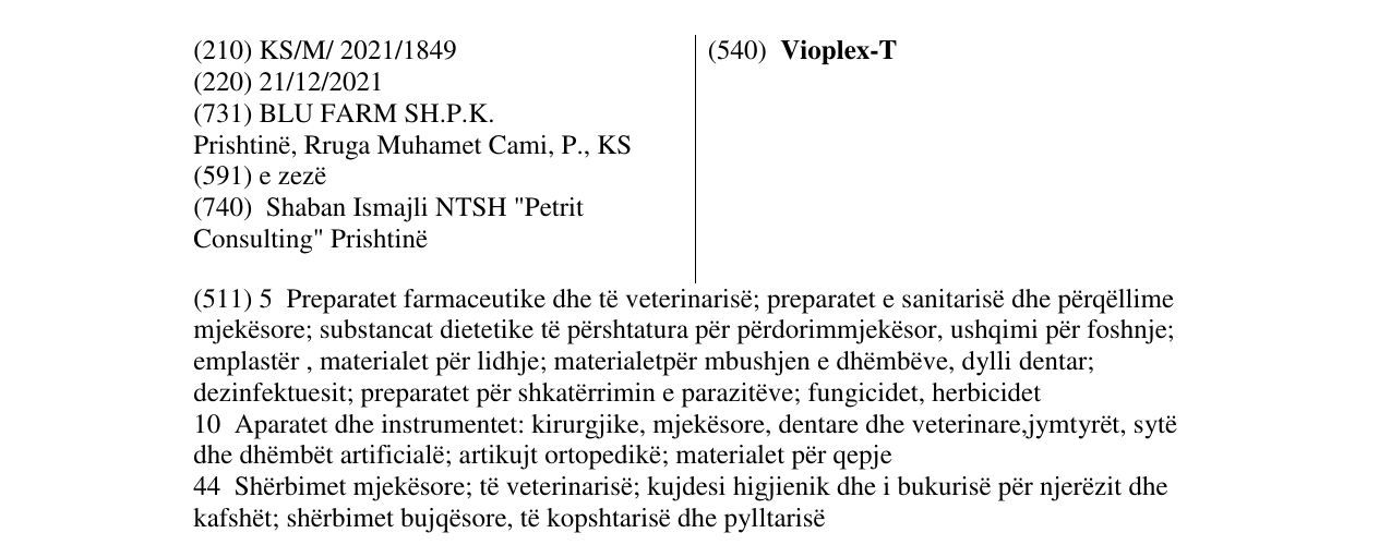 Zëri i markës Vioplex-T në buletin
