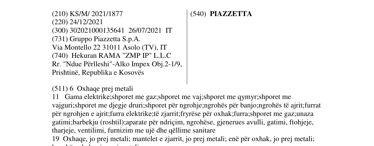 Zëri i markës PIAZZETTA në buletin