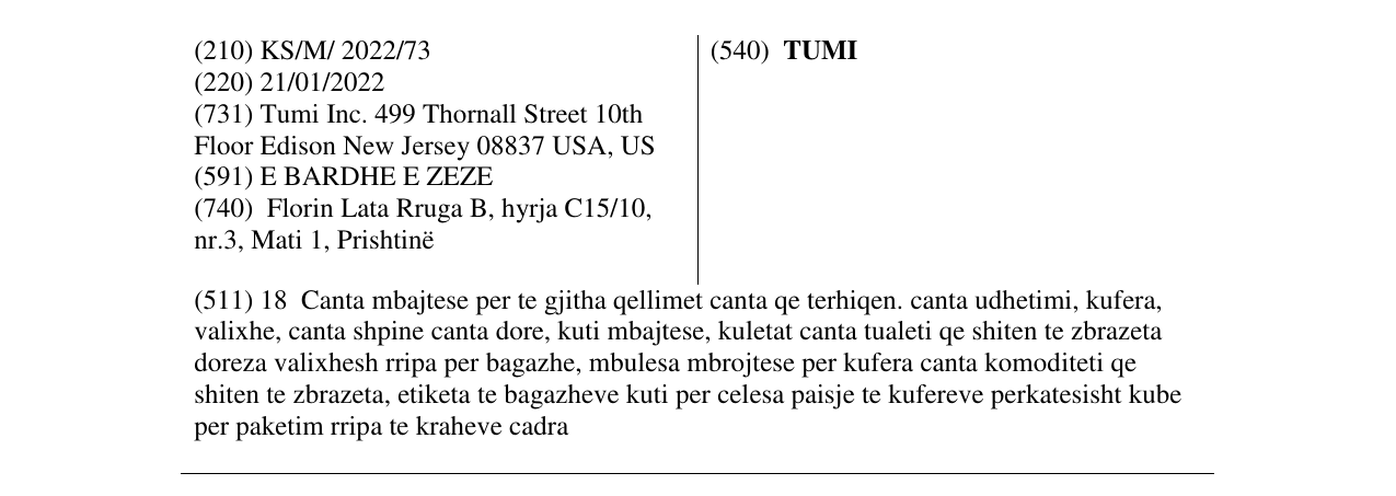 Zëri i markës TUMI në buletin