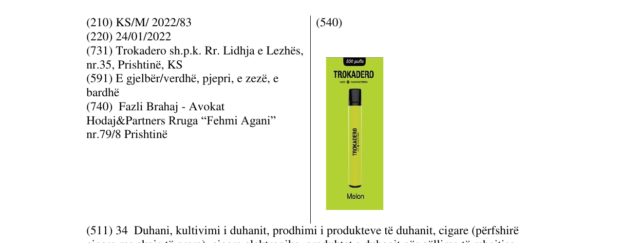 Zëri i markës TROKADERO në buletin