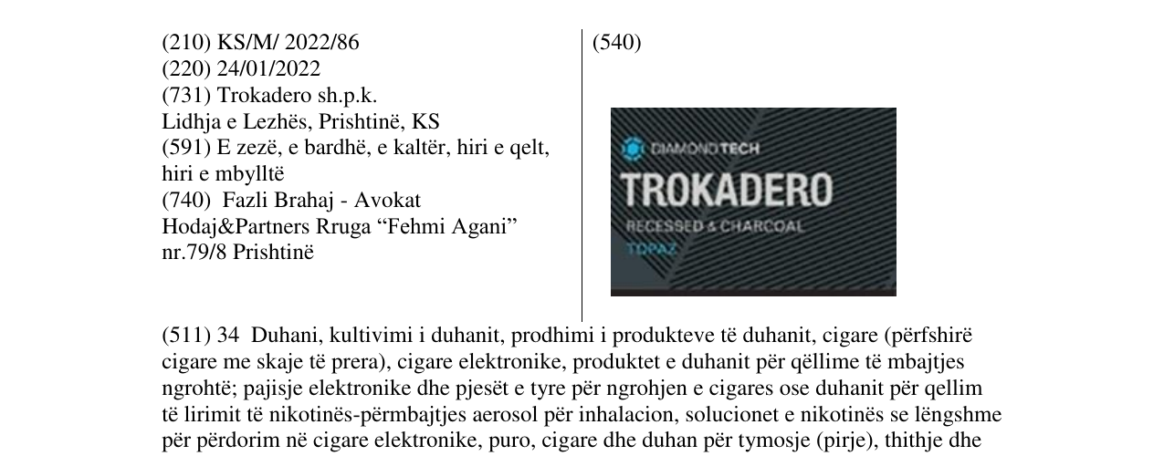 Zëri i markës TROKADERO në buletin