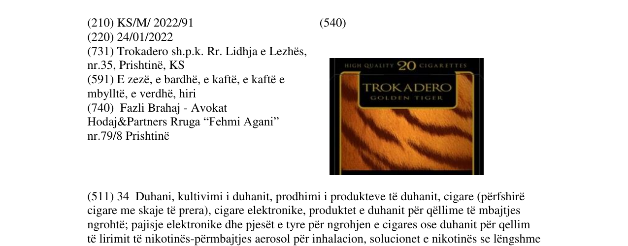 Zëri i markës TROKADERO në buletin