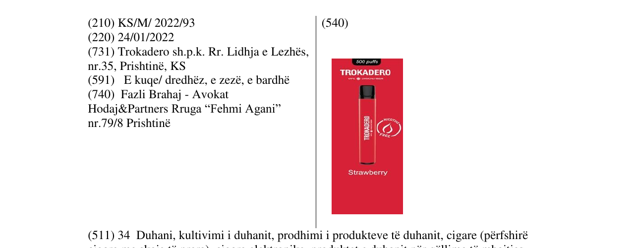 Zëri i markës TROKADERO në buletin