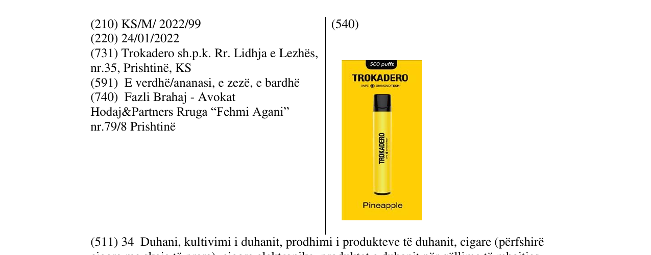 Zëri i markës TROKADERO në buletin