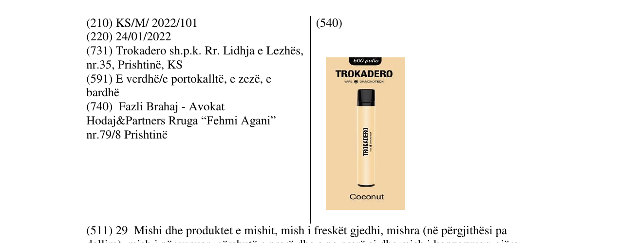 Zëri i markës TROKADERO në buletin