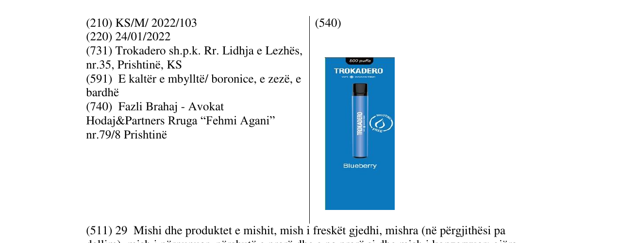 Zëri i markës TROKADERO në buletin