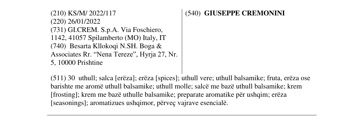 Zëri i markës GIUSEPPE CREMONINI në buletin