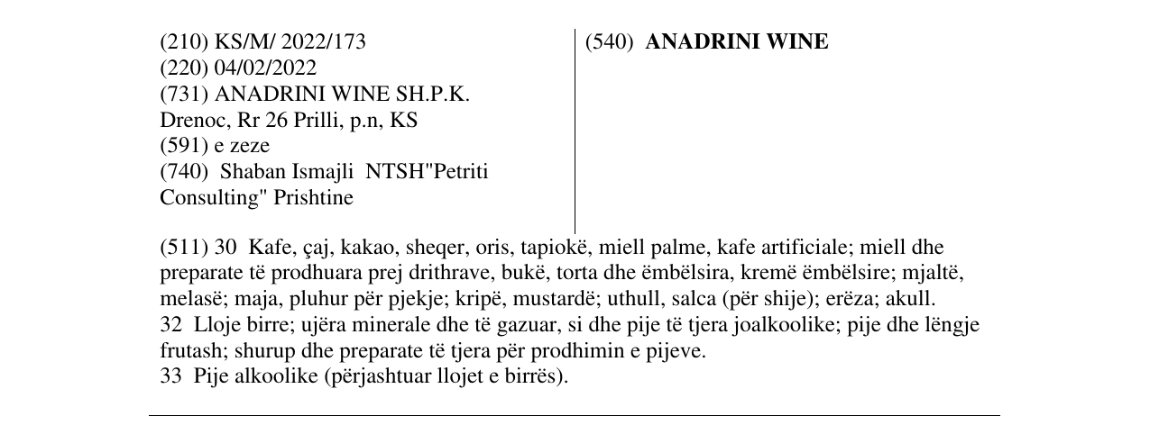 Zëri i markës ANADRINI WINE në buletin