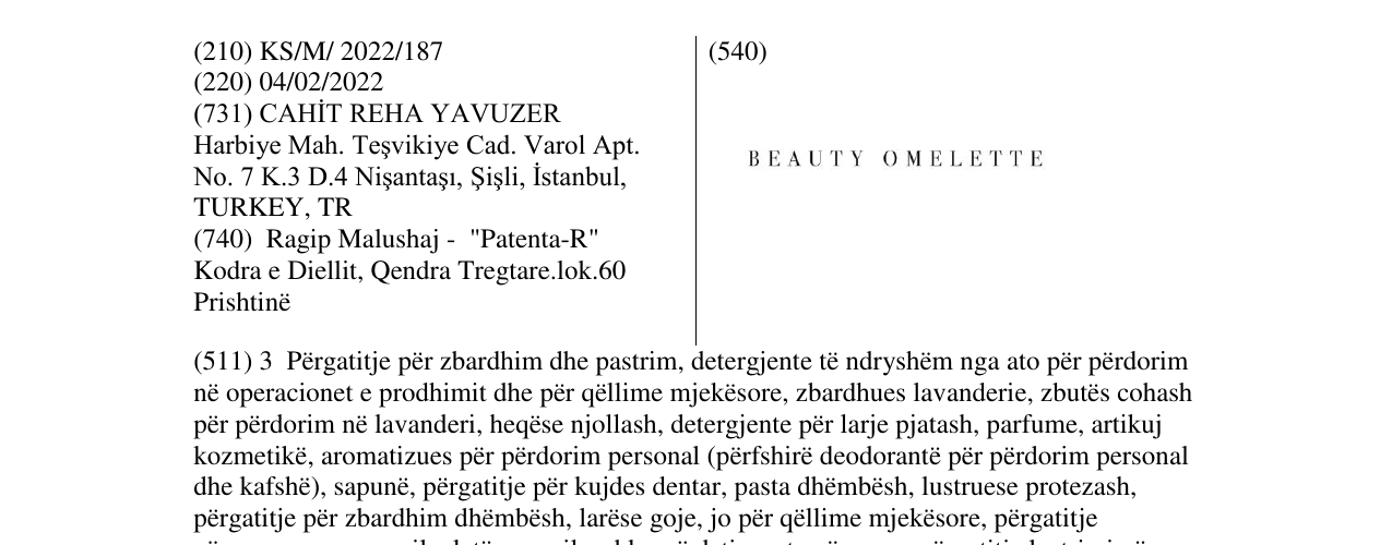 Zëri i markës BEAUTY OMELETTE në buletin