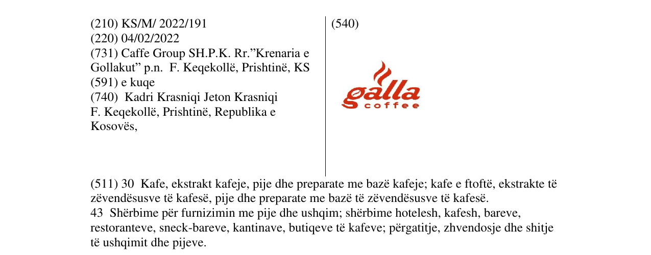 Zëri i markës galla coffee në buletin