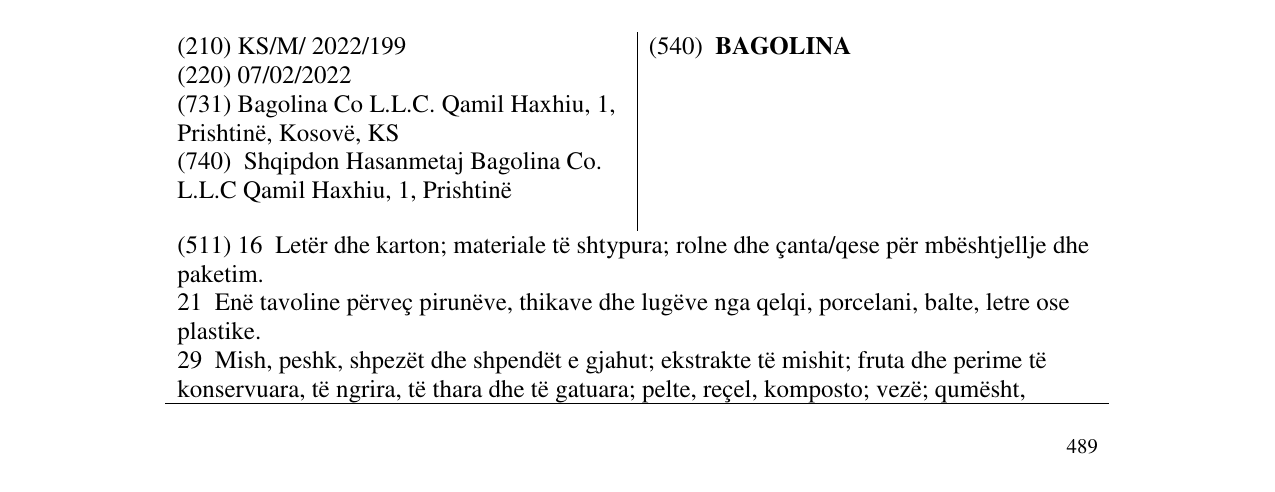 Zëri i markës BAGOLINA në buletin