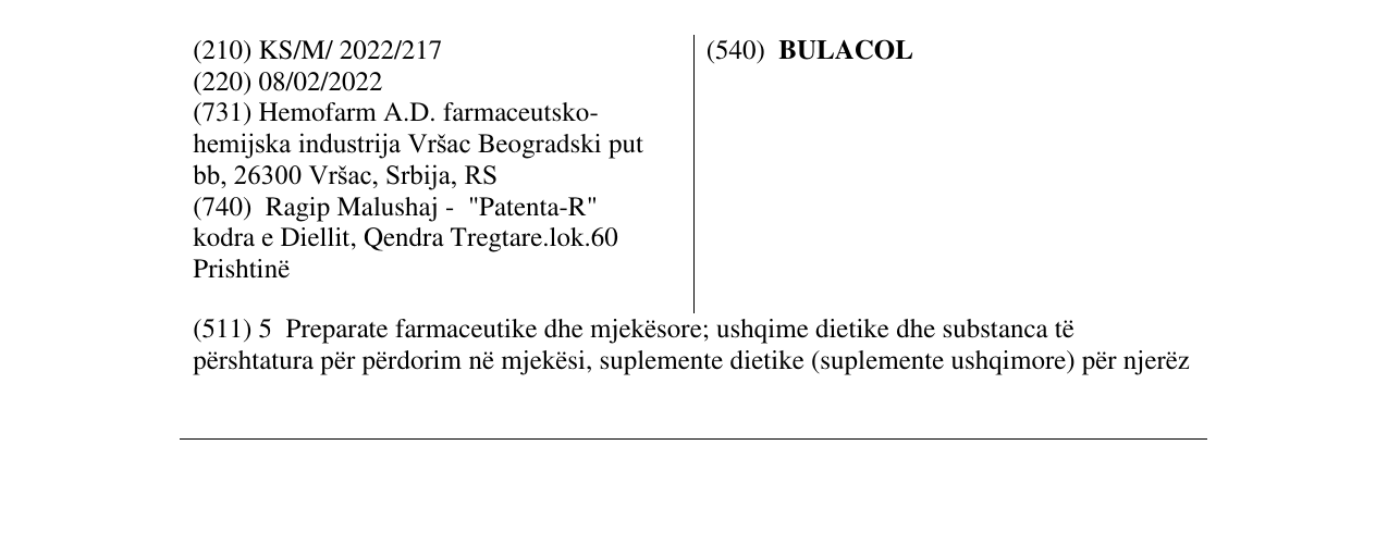 Zëri i markës BULACOL në buletin