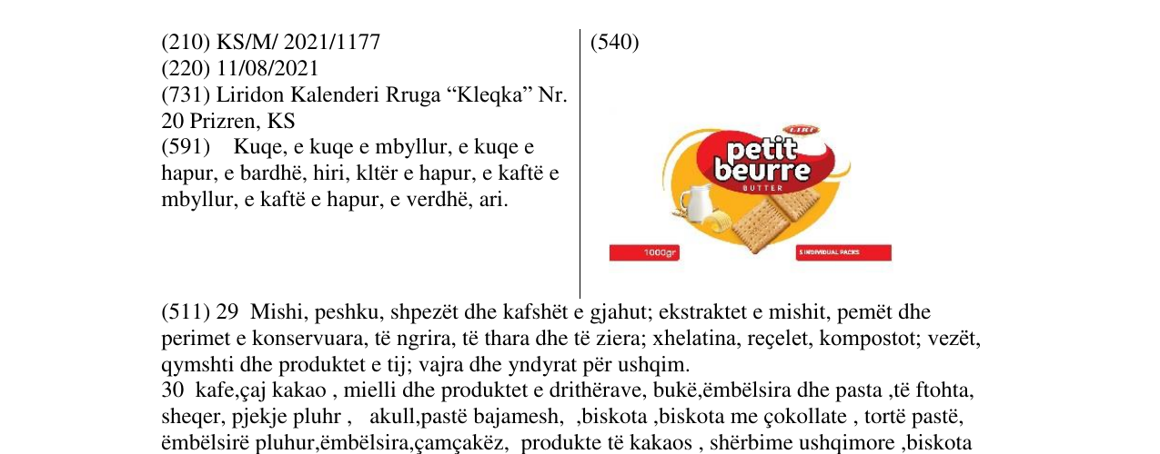 Zëri i markës LIRI- PETIT BEURRE BUTTER në buletin