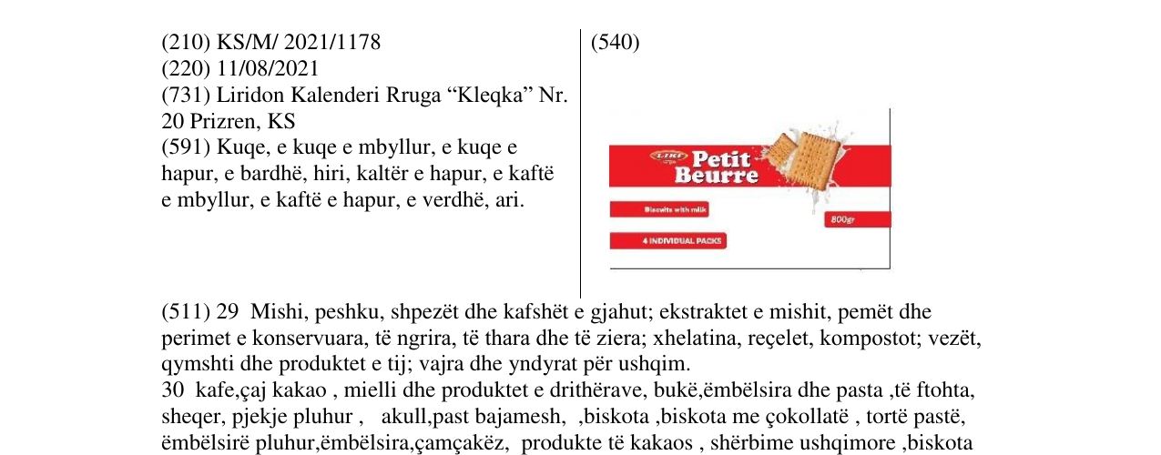 Zëri i markës LIRI- PETIT BEURRE në buletin