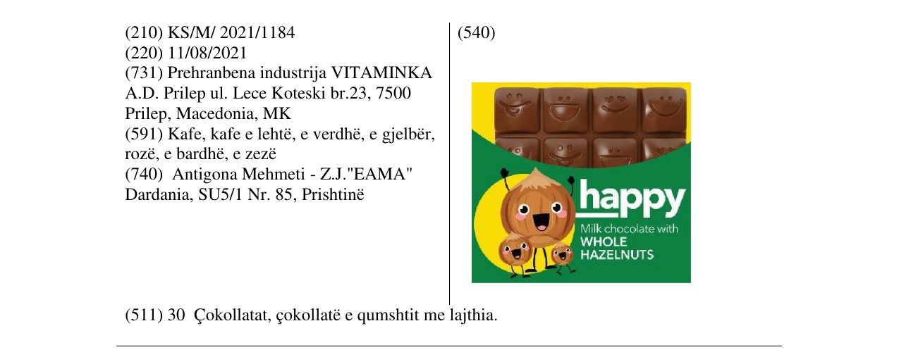 The entry of the trademark HAPPY in the bulletin