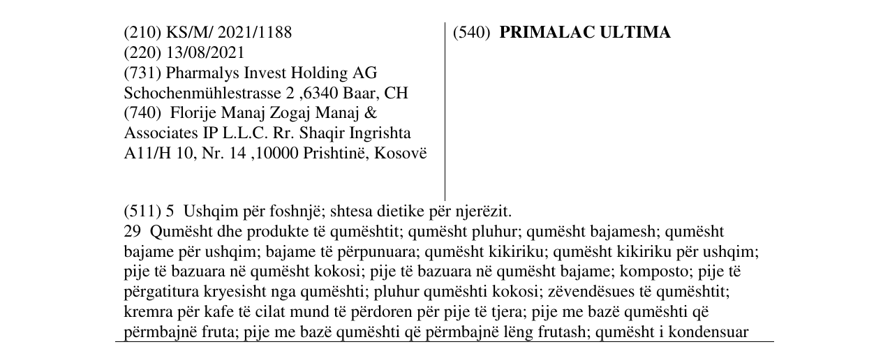 Zëri i markës PRIMALAC ULTIMA në buletin