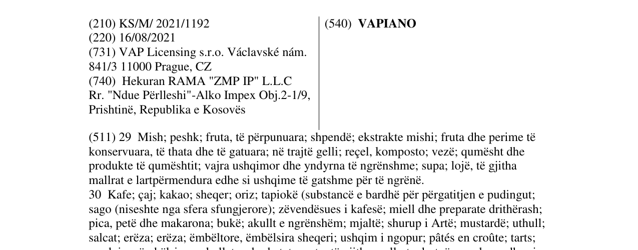 Zëri i markës VAPIANO në buletin