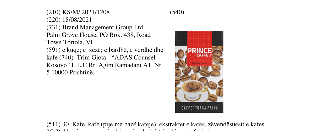 Zëri i markës PRINCE CAFFE në buletin