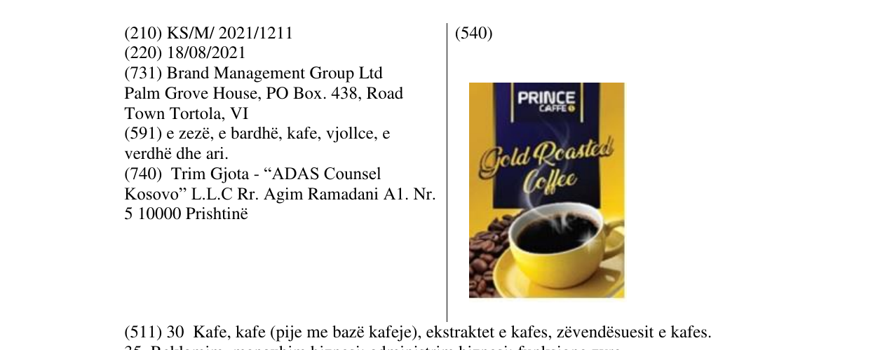 Zëri i markës PRINCE CAFFE GOLD ROASTED COFFEE në buletin
