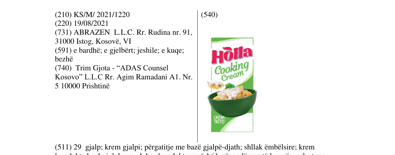 Zëri i markës HOLLA COOKING CREAM në buletin