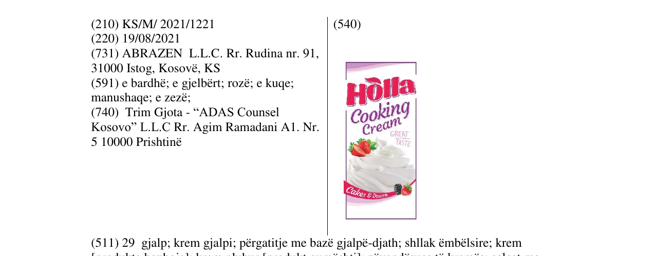 Zëri i markës HOLLA COOKING CREAM në buletin