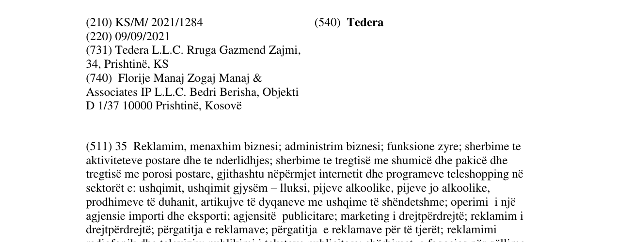 Zëri i markës Tedera në buletin