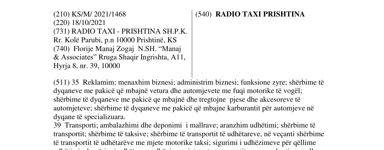 Zëri i markës RADIO TAXI PRISHTINA në buletin