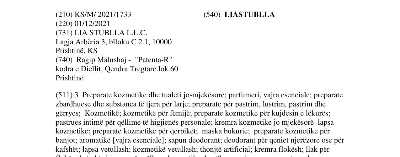 Zëri i markës LIASTUBLLA në buletin