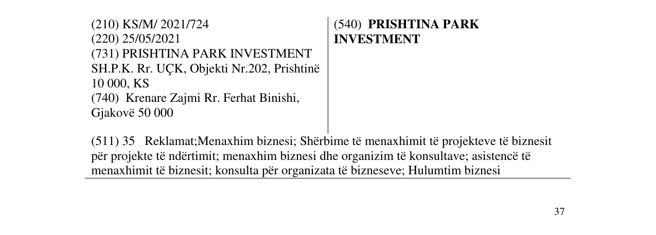 Zëri i markës PRISHTINA PARK INVESTMENT në buletin