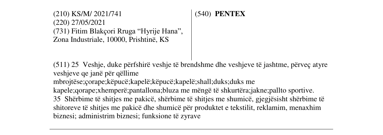 The entry of the trademark PENTEX in the bulletin