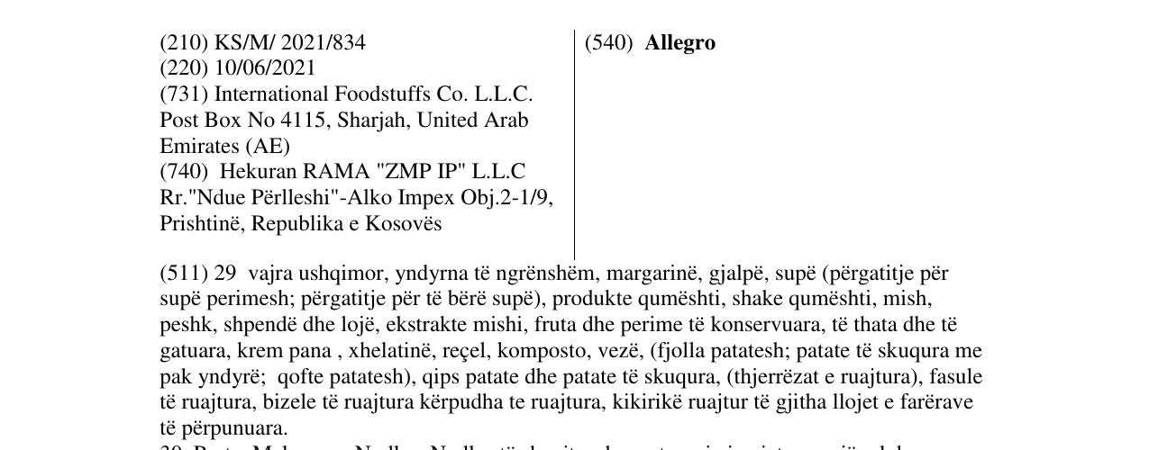 Zëri i markës Allegro në buletin