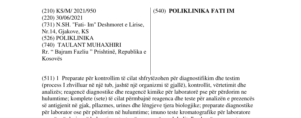 Zëri i markës POLIKLINIKA FATI IM në buletin