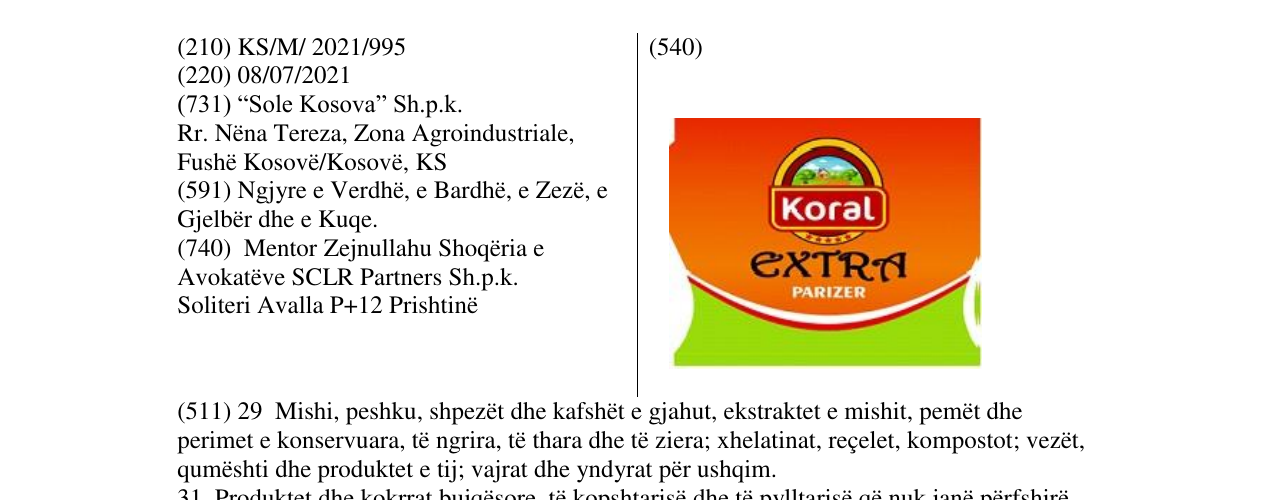 Zëri i markës KORAL EXTRA PARIZER në buletin