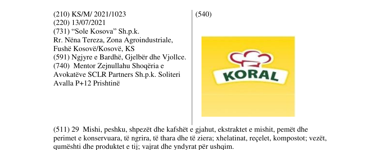 The entry of the trademark KORAL in the bulletin