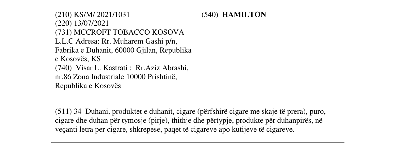 Zëri i markës HAMILTON në buletin
