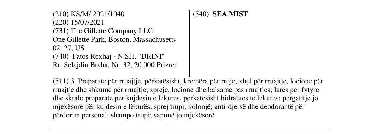 Zëri i markës SEA MIST në buletin