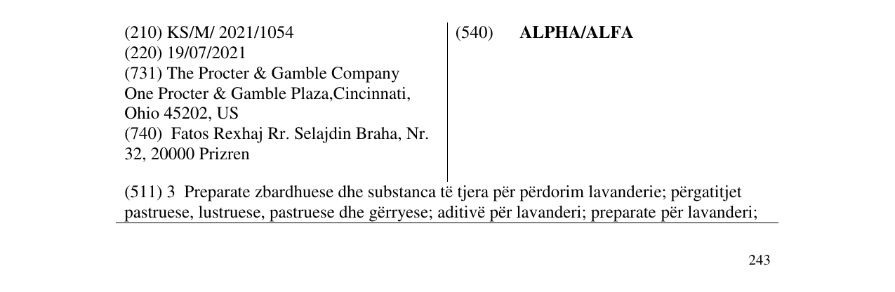 Zëri i markës ALPHA/ALFA në buletin