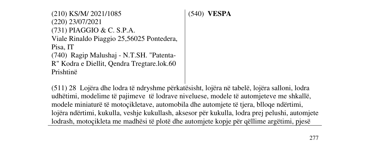 Zëri i markës VESPA në buletin