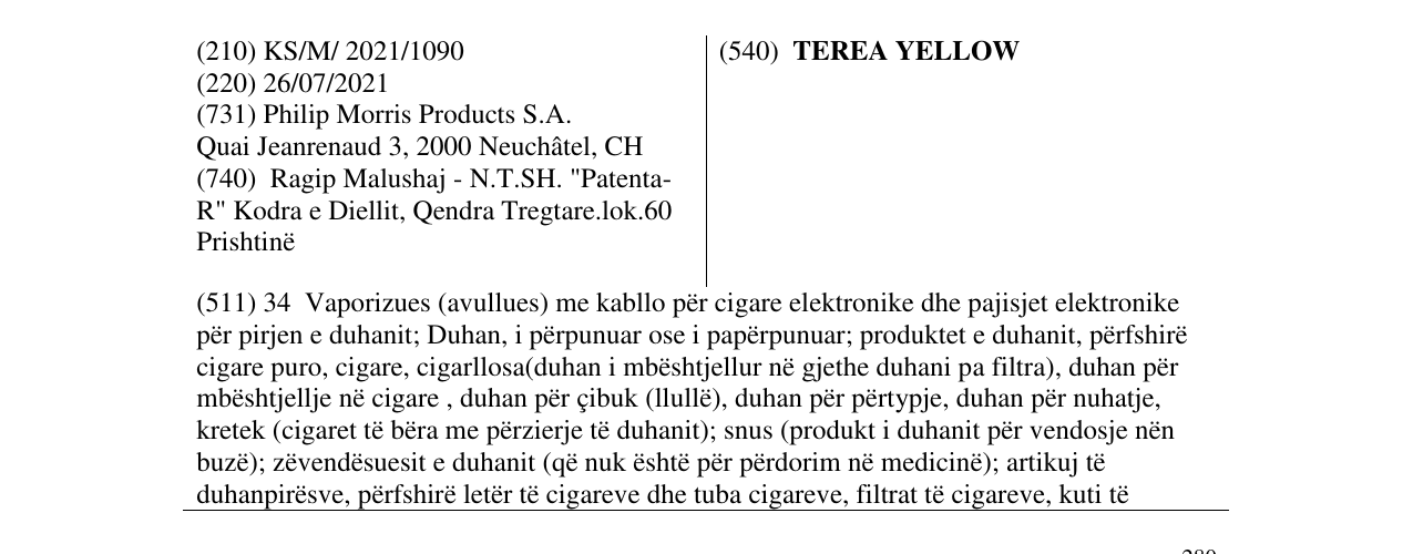 Zëri i markës TEREA YELLOW në buletin