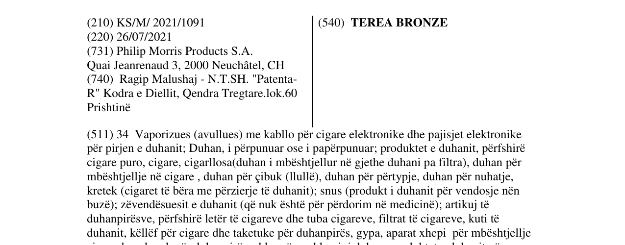 Zëri i markës TEREA BRONZE në buletin