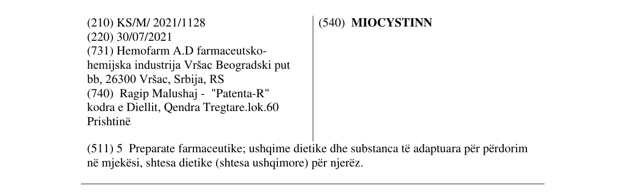 Zëri i markës MIOCYSTINN në buletin
