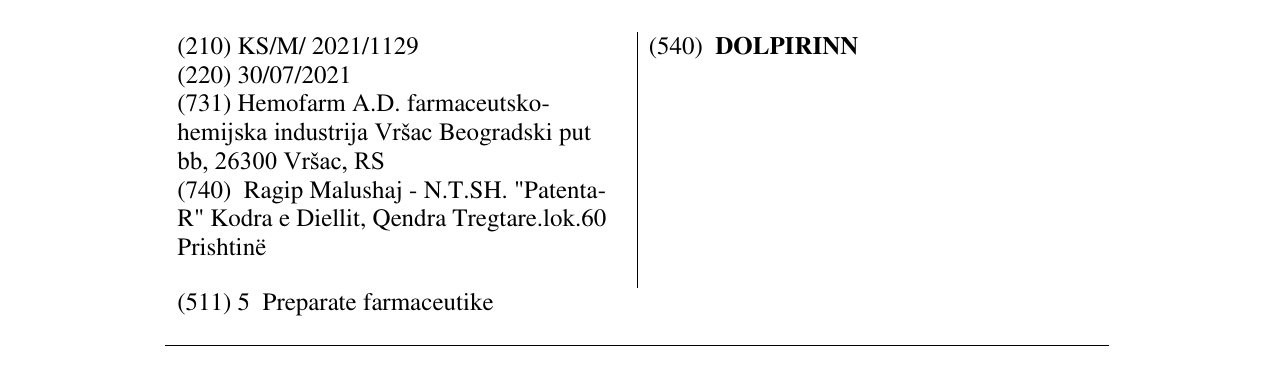 Zëri i markës DOLPIRINN në buletin