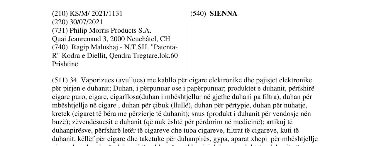 Zëri i markës SIENNA në buletin