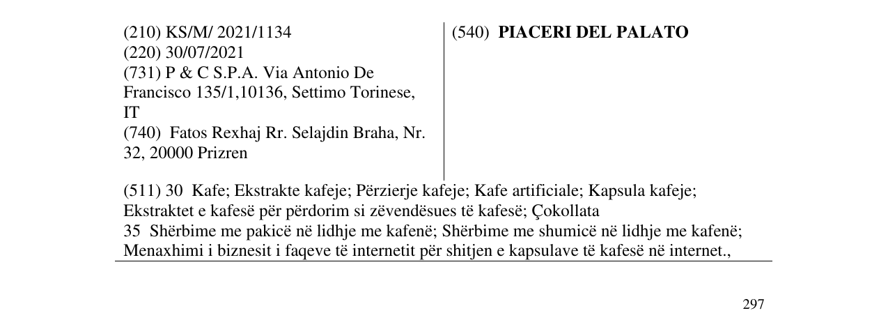 Zëri i markës PIACERI DEL PALATO në buletin