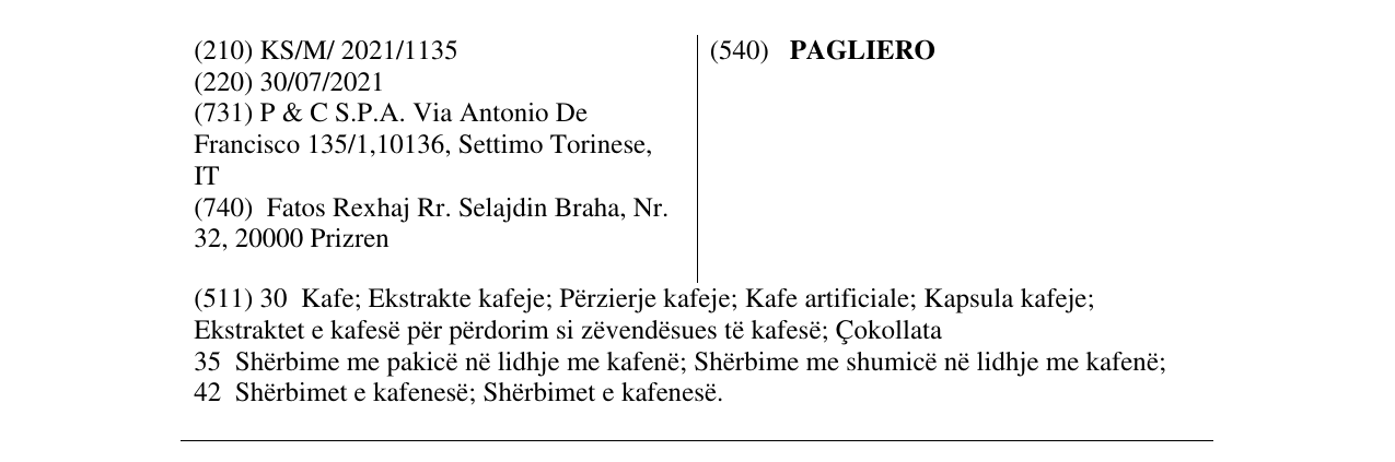 Zëri i markës PAGLIERO në buletin